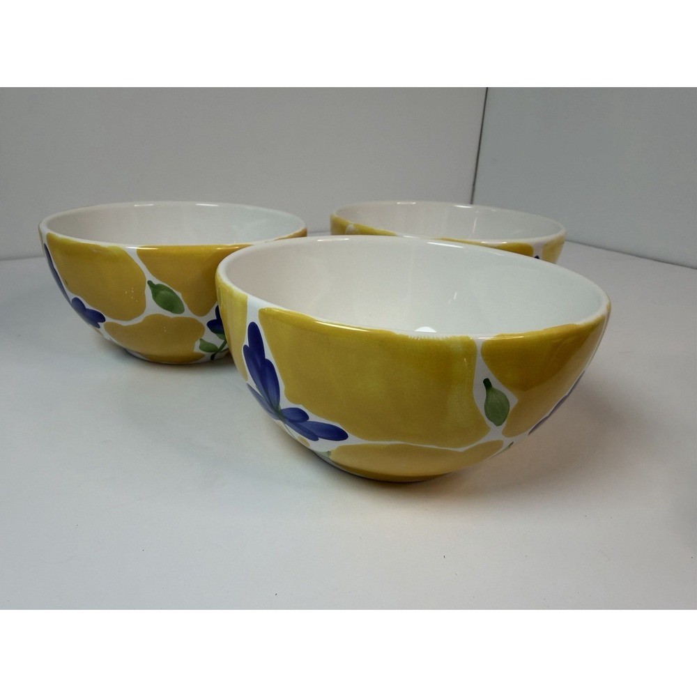 Salad Bowls St Tropez Dansk Hand Painted Portugal Yellow Blue Flower‎ 5 7/8